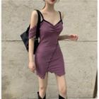 Short-sleeve Frill Trim Spaghetti-strap Asymmetric Dress As Shown In Figure - One Size