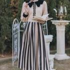 Set: Contrast Trim Blouse + Striped Midi A-line Skirt