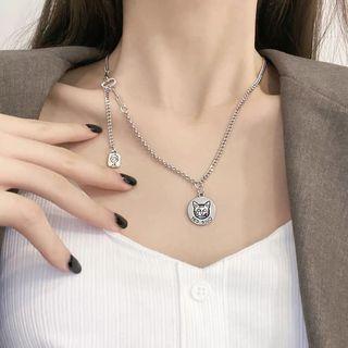 Cat Disc Pendant Necklace Silver - One Size