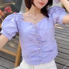 Square Collar Frilled Trim Shirred Cropped Top