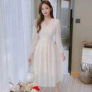 Long-sleeve V-neck Striped Beaded Chiffon Dress