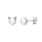 925 Sterling Silver Cute Cat Pearl Stud Earrings Silver - One Size