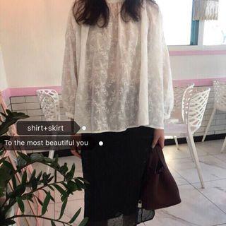 Embroidered Long-sleeve Top / High Waist Midi Skirt