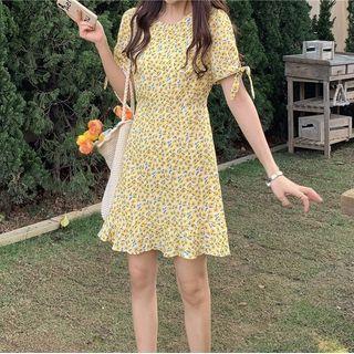 Tie-cuff Floral Print A-line Dress Yellow - One Size