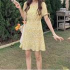 Tie-cuff Floral Print A-line Dress Yellow - One Size