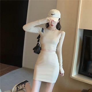 Set: Plain Long-sleeve Slim-fit Crop Top + Skirt