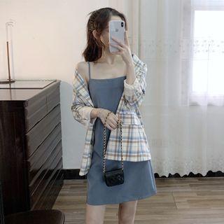 Plaid Blazer / Spaghetti-strap Mini Dress / Set