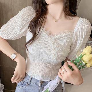Puff-sleeve Faux Pearl Ruched Chiffon Top