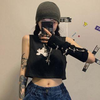 Bear Print Cropped Tank Top Black - One Size