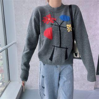 Flower Print Sweater Gray - One Size