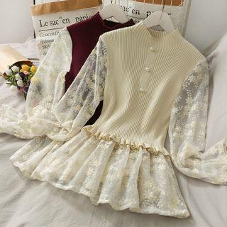 Mesh-sleeve Mock-neck Knit Top