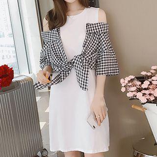Mock Two Piece Plaid Panel 3/4-sleeve Dress