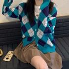 Argyle Cardigan / Short-sleeve Lettering T-shirt / Mini Skirt