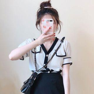 Short-sleeve Contrast Trim Faux Pearl Knit Top