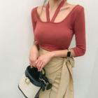 Halter Scoop-neck Elbow-sleeve Top