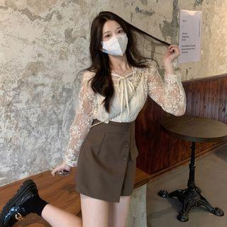 Long-sleeve Tie-neck Lace Top / Irregular Mini Pencil Skirt