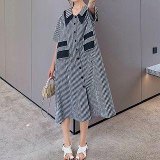 Short-sleeve Collar Plaid Button-up Midi Dress