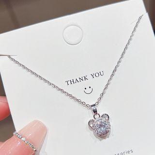 Rhinestone Bear Pendant Necklace X093 - 1pc - Silver - One Size