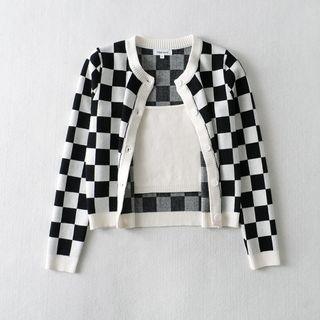 Set: Checkerboard Print Cardigan + Camisole Top