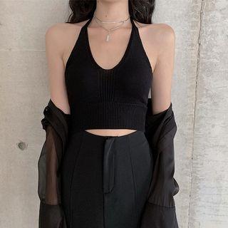 Plain V-neck Knit Cropped Camisole Top Black - One Size