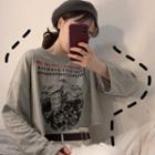 Printed Long-sleeve Crop T-shirt Gray - One Size
