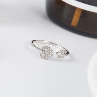 Heart Arrow Rhinestone Sterling Silver Open Ring 1pc - Silver - One Size