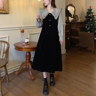 Mock Two-piece Puff-sleeve Plaid Panel Midi Dress