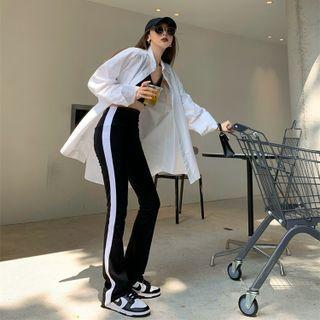Two-tone High-waist Boot-cut Pants / Crop Camisole Top / Plain Shirt