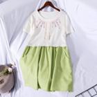 Color Block Short-sleeve A-line Dress Off-white & Green - One Size