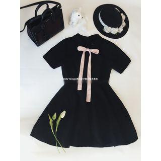 Short-sleeve Ribbon-accent A-line Mini Dress