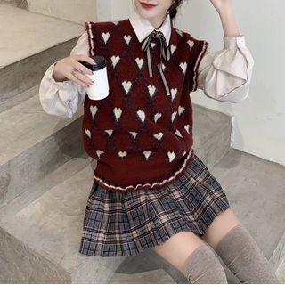 Heart Jacquard Sweater Vest / Plaid Pleated Skirt