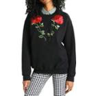 Flower Embroidered Collared Pullover