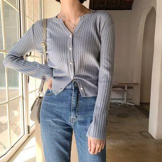 Faux-pearl Cropped Rib-knit Cardigan