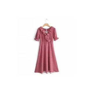 Short-sleeve Floral Print Ruffled A-line Dress