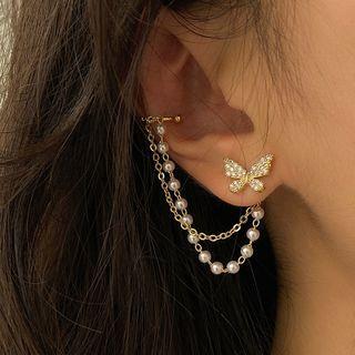 Butterfly Rhinestone Chained Layered Cuff Earring 1 Pair - Asymmetrical - White - One Size