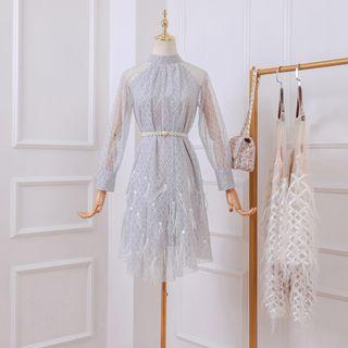 Dotted Long-sleeve Mesh Dress