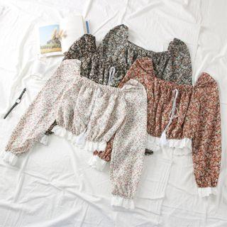 Lace-trim Printed Crop Blouse