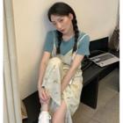 Short-sleeve Plain T-shirt / Floral Pinafore Dress