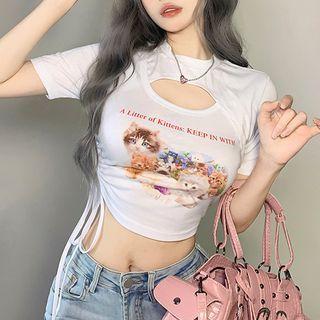 Short-sleeve Print Cutout Top