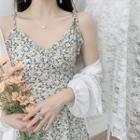 Set : Long-sleeve Plain Cardigan + Suspender Ruffled-trim Floral Chiffon Dress
