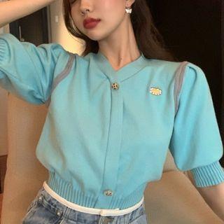 Flower Embroidered Puff-sleeve Cropped Knit Cardigan Blue - One Size