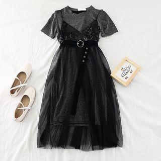 Set: Faux Leather Camisole + Sequined Mesh Dress