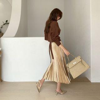 Set: Self-tie Turtleneck Sweater + Satin Long Pleat Skirt