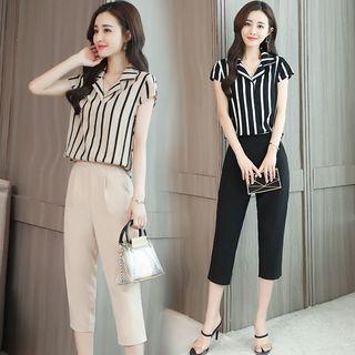 Set: Striped Cap-sleeve Blouse + Capri Pants