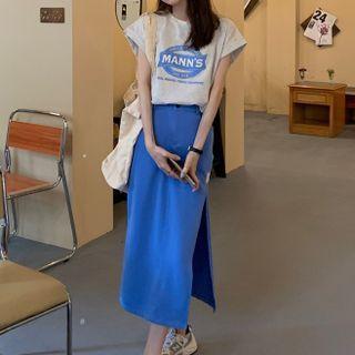 Cap-sleeve Lettering T-shirt / Slit Midi Skirt