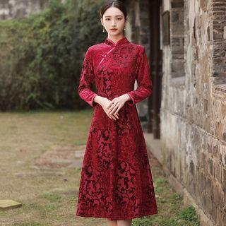 Long-sleeve Jacquard Velvet Midi A-line Qipao Dress