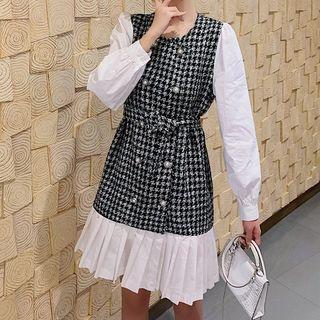 Long-sleeve Check Panel Ruffled Dress