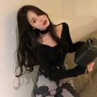 Long-sleeve Choker Chain Accent Plain Top