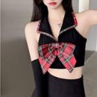 Set: Halter Plaid Bow Crop Tank Top + Arm Sleeves Set Of 2 - Tank Top & Arm Sleeves - Black - One Size