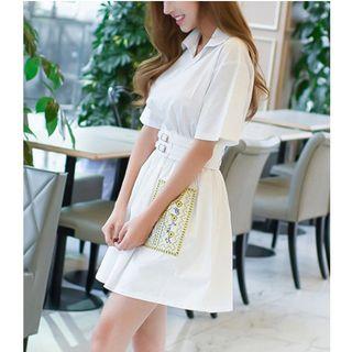 Flower Embroidered Pocket Split Neck Elbow Sleeve Shirtdress